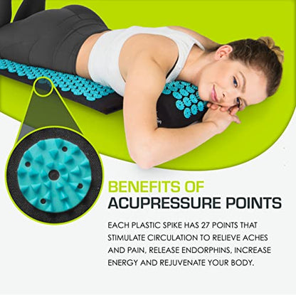ProsourceFit Acupressure Mat and Pillow Set for Back/Neck Pain Relief and Muscle Relaxation, Large - Black/Aqua - color: Black/Aqua, size: Large