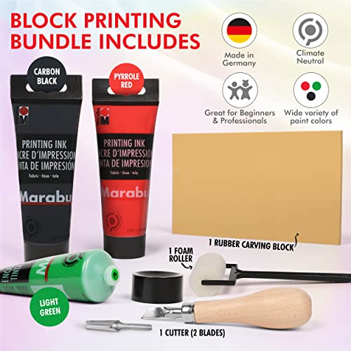 Marabu Block Printing Kit - Linocut with 3 x 100ml Ink, Cutter, Rubber Block, and Brayer Roller Linoleum Printmaking Kit, Starter 6pc Set, Multicolor