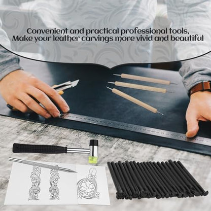 QMNNMA Leather Stamping Tools, Leather Stamps Kit for Leather Working | Leather Carving Tool Kit with Leather Scriber Pen, Leather Working Hammer and Tracing Paper