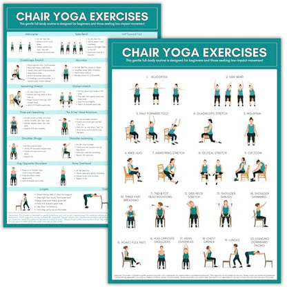 Chair Yoga Exercise Poster for Beginners & Seniors A3 | Double Sided Seated Yoga Chart with Instructions | Laminated Gentle Chair Exercises for Mobility & Flexibility
