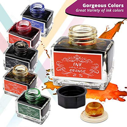 Calligraphy Ink Set | 6 Colors (Black, Blue, Red, Green, Purple, Orange) | 15 ml Bottles | Fountain Pen & Dip Pen Ink