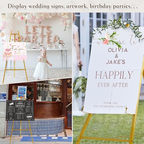 Gold Easel Stand for Sign, 43.5in Heavy Duty | 43.5in height, 4 adjustable tiers, holds 30 lbs, wedding signs, photos, mirrors, tabletop & floor displays, folding metal - size: high--43.5"