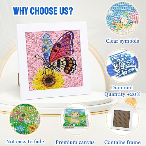 Leixonl Diamond Art Kits for Kids with Framed (7 in) Cartoon Animals DIY Gem Art Painting - Arts & Crafts Gifts for Beginners & Teens (1p-6-in-butterfly) - color: Butterfly