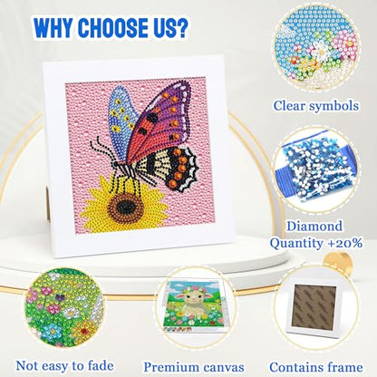 Leixonl Diamond Art Kits for Kids with Framed (7 in) Cartoon Animals DIY Gem Art Painting - Arts & Crafts Gifts for Beginners & Teens (1p-6-in-butterfly) - color: Butterfly