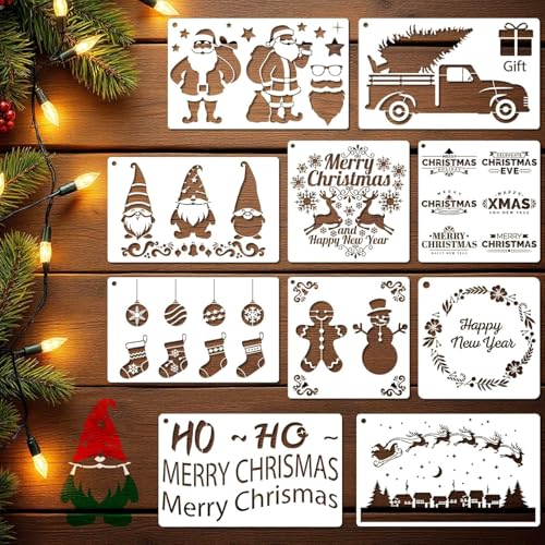 YKW 10 Pcs Large Christmas Stencils Set - Reusable 14.1x8.6 Inch Holiday Templates for Painting on Wood, Porch Signs, Walls & Canvas - Snowman, Tree, Reindeer Designs - DIY Home Decor Tool - style: XMAS