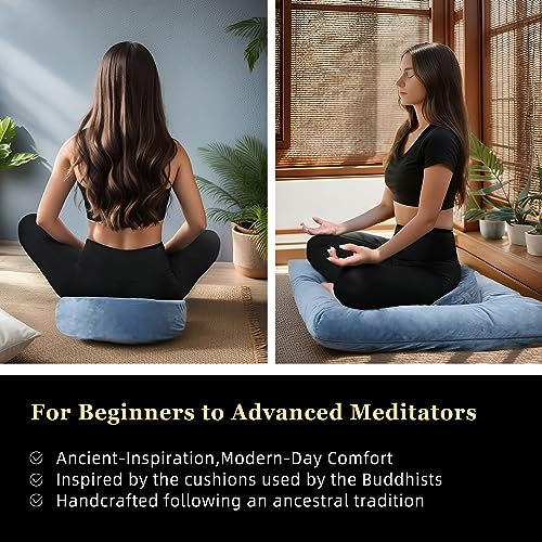 Meditation Cushion Set Zafu & Zabuton – Buckwheat Hull & Memory Foam, Adjustable Floor Pillow for Yoga, Meditation & Sitting, Removable Velvet Cover (Navy Blue) - color: Navy Blue