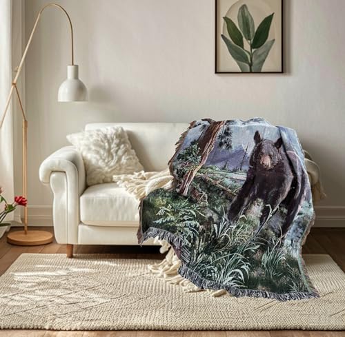 Bear Lodge Jacquard Woven Tapestry Throw Blanket 50"x60" | Rustic lodge wall hanging art soft travel mat fringe tassels multipurpose indoor outdoor Décor for Couch Sofa Bed Living Room - color: Bear