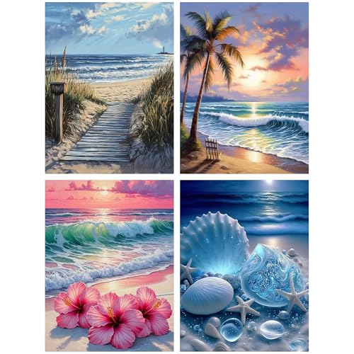 Ekuxom 4 Pack 5D Diamond Art Kits for Adults-Beach Diamond Painting | Beginners DIY Full Drill Diamond Gem Art and Crafts for Home Wall Decor Gifts 12X16Inch - color: Beach-4pcs