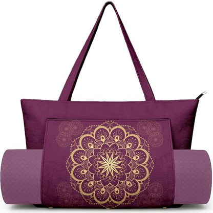 Yoga Bag for Women, Large Canvas Yoga Mat Tote Bag with Yoga Mat Carrier - color: Purple Mandala