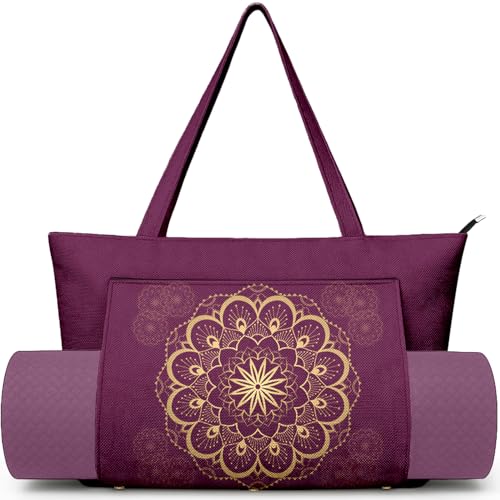 Yoga Bag for Women, Large Canvas Yoga Mat Tote Bag with Yoga Mat Carrier - color: Purple Mandala