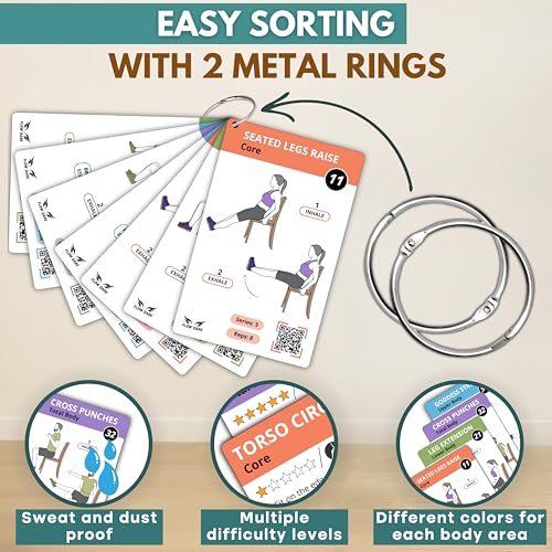 Chair Yoga for Seniors Over 60 – 70 Exercise Cards with Videos & Workout Plan – Includes 5-Week Challenge, Ebook, Chart & 2 Rings for Easy Organization – Weight Loss Guide for Women & Men