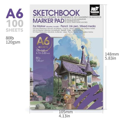 TRANSON A6 Mini Sketchbook Marker Pad, 80lb/120gsm Heavyweight Art Paper, No Bleed Through, 100 Sheets/200 Pages 4.13"x5.83" for Drawing & Sketching - size: A6 120gsm