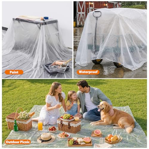 ROLLINGDOG 3 Pack Plastic Drop Cloths 12' x 9' | Clear Painting Tarp Waterproof Dust Cover 0.7mil Light Duty Disposable Plastic Sheeting for Floor Furniture Protection - color: 3 Pc
