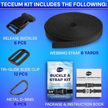 TECEUM 3/4" Nylon Strap Kit with Buckles, Black 6 yards Repair Set | Heavy duty hardware kit: 6yd webbing, 6 quick release buckles, 12 tri-glide slide clips, 6 metal D-rings for crafting. - color: Black, size: 3/4" - 6 yards, style: 6 Buckle - 12 Slides -