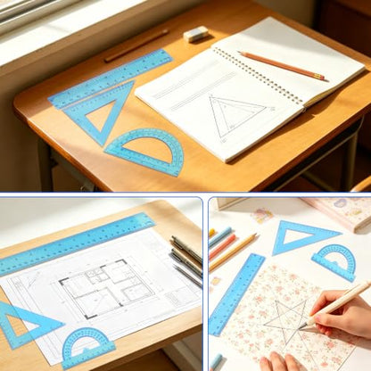 Plastic Clear Ruler Math Set - 6'' 12'' Transparent Straight Ruler, 4'' 6'' Protractor, 30/60 & 45/90 Triangle Ruler,Geometry Math Measuring Tool for School Office Drawing Teachers Kids Supplies Blue - color: Blue