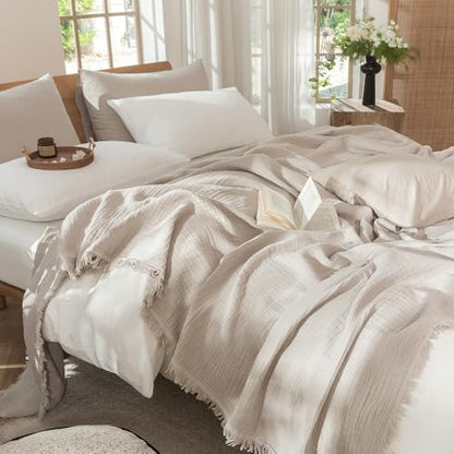 MooMee 100% Cotton Muslin Blanket, Fringed 4-Layer Gauze Bed Couch Throw - color: Cream Grey, size: Twin XL