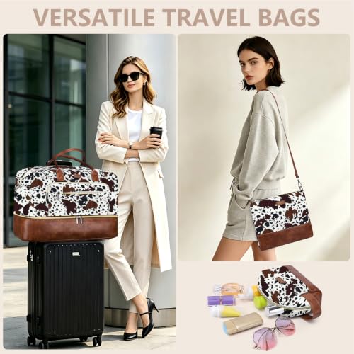 Large Women Travel Weekender Bag: Carry on Duffle with Shoe Compartment | Overnight Duffel Bags with Wet Pocket, Crossbody & Toiletry Bag, 3PCS Womens Traveling Tote Set for Hospital Gym Weekend Trip - color: Brown Cow Print