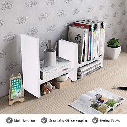 Jerry & Maggie Desktop Organizer Office Storage Rack Adjustable Wood Display Shelf Free Style Double H, Multi-Functional Mini Bookshelf for Desk Natural Stand (White) - color: White