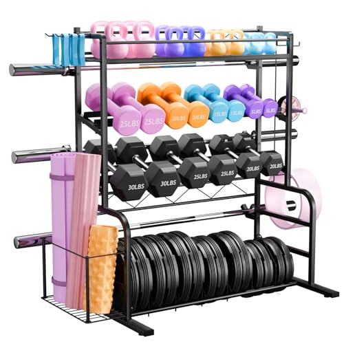 Upgraded XL Adjustable Weight Rack for Dumbbells - Barbell Holder Bumper Plate Storage Rack with 3 Olympic Bar Racks, Dumbbell Rack Weight Stand,Home Gym Storage Rack for kettlebells,Yoga Mat