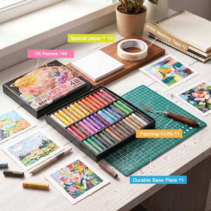 rubens 81 PCS Soft Oil Pastels Kit for Beginner Drawing | 48 Colors Soft Oil Pastels in Box with Palette Knife, Base Board, Tape, 30 Sheets Oil Pastel Paper - color: 48 Colors Set