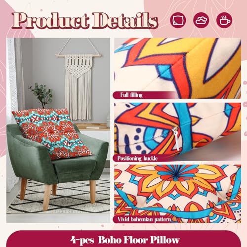 Nuogo 4 Pack Large 22 Inch Bohemian Floor Pillows Square Boho Floor Cushions Seating Pillows for Soft Yoga Meditation Pillow Mandala Pouf for Living Room Tatami Reading Nook(Exquisite)