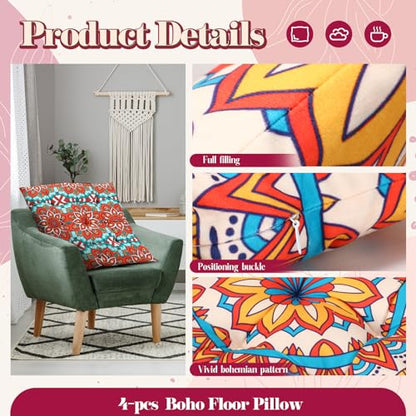 Nuogo 4 Pack Large 22 Inch Bohemian Floor Pillows Square Boho Floor Cushions Seating Pillows for Soft Yoga Meditation Pillow Mandala Pouf for Living Room Tatami Reading Nook(Exquisite)