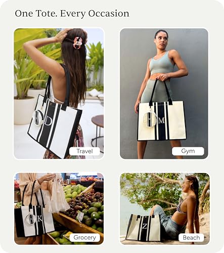 LEAFICO Initial Canvas Tote Bag – Monogrammed Gift for Women | Personalized Letter Tote for Travel Weddings Birthdays - color: E