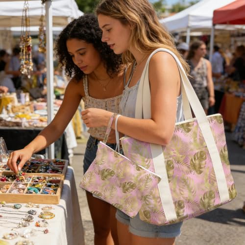 IAXIC Waterproof Tote Bag and Wet Bag Set, Summer Pattern Design for Beach Travel Gym Holiday Gifting - color: Pink Gold Monstera Leaf