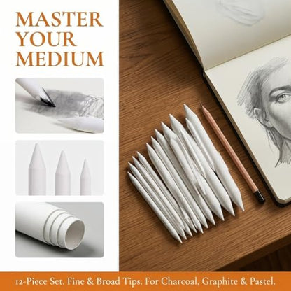 Anu Limen 12Pcs Rice Paper Blending Stumps for Drawing, Soft Sketch Smudging Sticks, White Paper Art Blenders for Shading and Detail Work