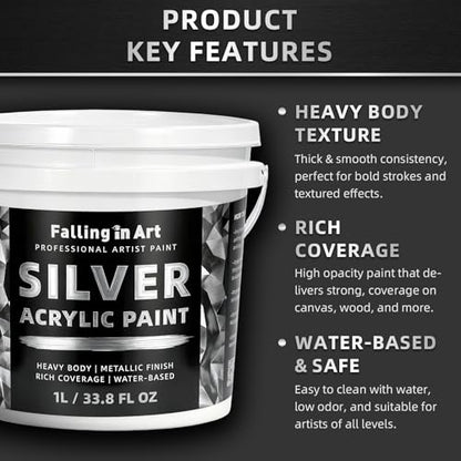 Falling in Art 33.8 Oz Heavy Body Silver Metallic Acrylic Paint, Non-Toxic | Art Craft Paints for Canvas, Wood, Clay, Fabric, Metal, Furniture - color: Silver