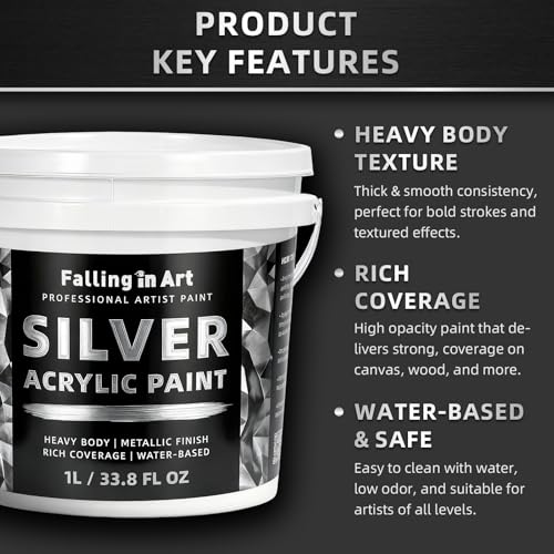 Falling in Art 33.8 Oz Heavy Body Silver Metallic Acrylic Paint, Non-Toxic | Art Craft Paints for Canvas, Wood, Clay, Fabric, Metal, Furniture - color: Silver