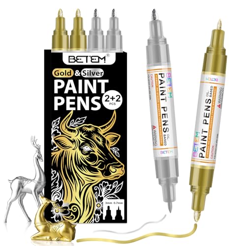 Betem 4 Gold Silver Oil Based Paint Pens, Permanent Fabric Paint Markers | Dual Tip (0.7mm & 3mm), Waterproof, Quick Dry, for Rock Painting, Tire, Wood, Glass, Plastic, Ceramic, Metal, Rubber, Canvas - color: 2 Gold & 2 Sliver
