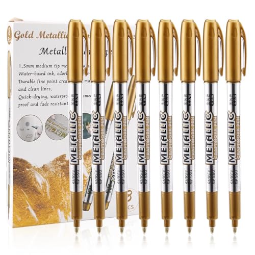 MYARTOOL Metallic Marker Pens, Gold Metallic Permanent Markers for Artist Illustration, Crafts, Gift Card Making, Scrapbooking, Fabric, DIY Photo Album, Value Set of 8 - color: Gold