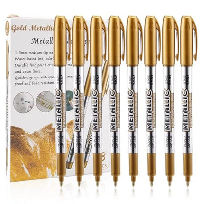 MYARTOOL Metallic Marker Pens, Gold Metallic Permanent Markers for Artist Illustration, Crafts, Gift Card Making, Scrapbooking, Fabric, DIY Photo Album, Value Set of 8 - color: Gold
