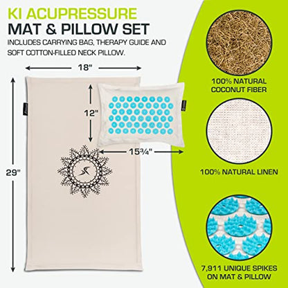 ProsourceFit Ki Acupressure Mat and Pillow Set with 100% Natural Linen for Back/Neck Pain Relief and Muscle Relaxation - color: Natural Aqua