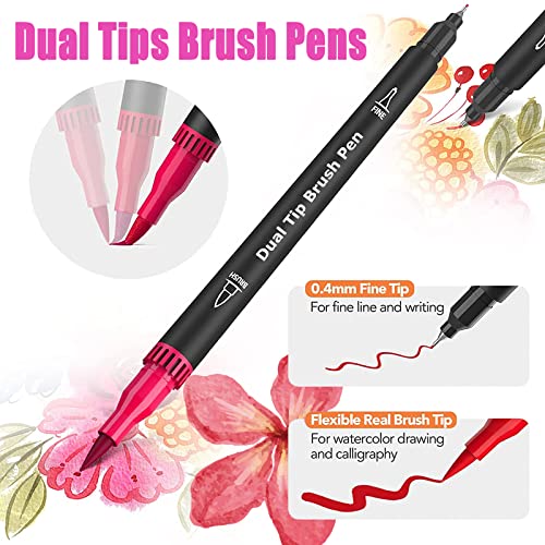 Red&Pink Dual Tip Brush Pen,Colored Fine & Brush Calligraphy Pens,Dual Tip Pink Markers for Adult Coloring Books Drawing Planner Calendar Art Sketch Outlining Sketching Calligraphy - color: Red