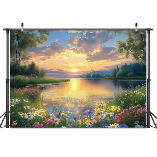 5X3ft Lake Natural Scenery Backdrop Spring Natural Scenery Flowers Landscape Mountain Forest Trees Flower Blue Sky Photography Background Picnic Camping Hiking Spring Travel Vacation Backdrop - color: Green, size: 5x3FT