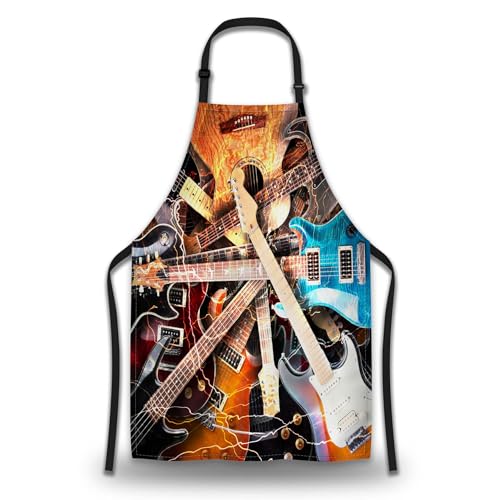 Funny Aprons for Adults Women Guitar Surrounded with the Lightnings Women Apron for Kitchen Cooking Restaurant BBQ Painting Crafting Gardening 27” (W) x 31” (H), Waterproof Apron - color: Guitar