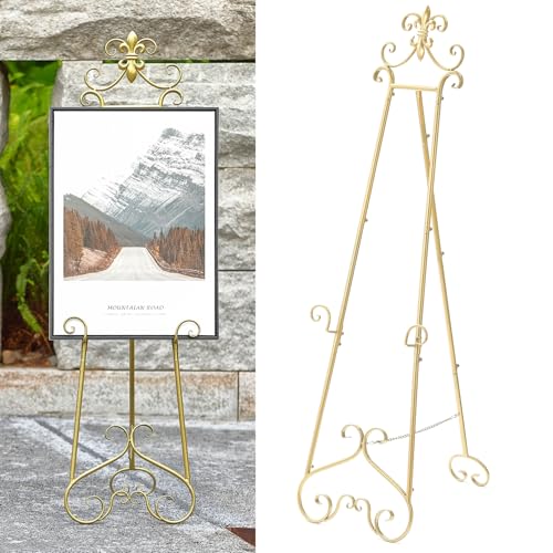 60” H Gold Easel Stand for Sign Large Adjustable Metal | Display Standing for Displaying Pictures Wedding Poster Holder Showcasing with Chain Support - color: Scrollwork Floral Top
