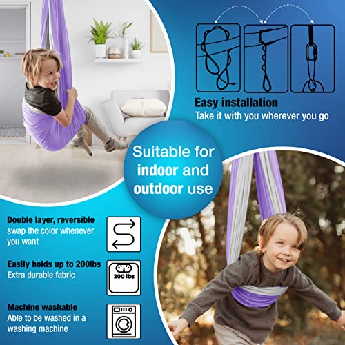 MINGLEWOOD Sensory Swing Bundle – 360° Swivel Hanger – Complete Set for Children – Special Needs: Anxiety, ADHD, Autism & Sensory Disorders - color: Purple/Gray