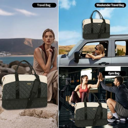 Weekender Bag, Large Travel Duffel Bag for Women, Carry on Overnight Bag with Shoe Compartment and Toiletry Bags - color: F-3PCS Beige Green