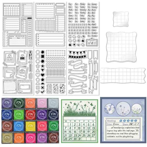 29 Pcs Journal Stamps for Crafting Card Making Supplies Set | 3 Acrylic Clear Stamp Blocks, 6 Clear Silicone Stamps Seals, 20 Craft Ink Pads Calendar Planner Stamp for DIY - style: 29Pcs Planner Clear Stamps