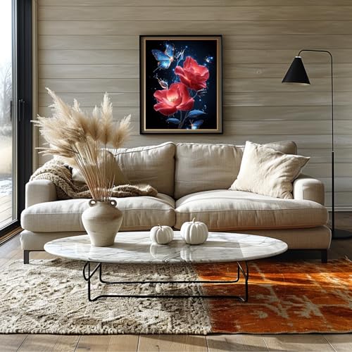 DIYDECORFUN 5D Red Rose Diamond Art Kit for Adult and Beginners 12x16inch | Full Drill Round Rhinestone Floral Butterfly Gem Art on Canvas. DIY Diamond Dots Creative Wall Decor for Home - color: QD146