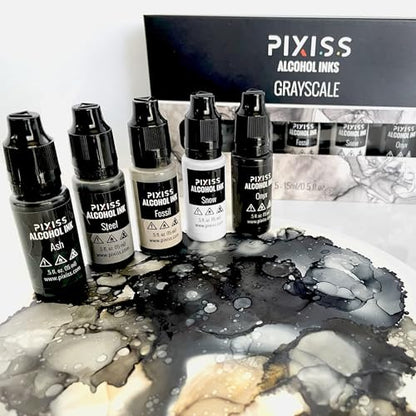 Pixiss Grayscale Alcohol Ink Set - 5 Shades of Highly Saturated Alcohol Ink for Epoxy Resin Supplies, Yupo Paper, Tumblers, Coasters - Resin Colorant for Epoxy Resin and Resin Art Supplies - color: White