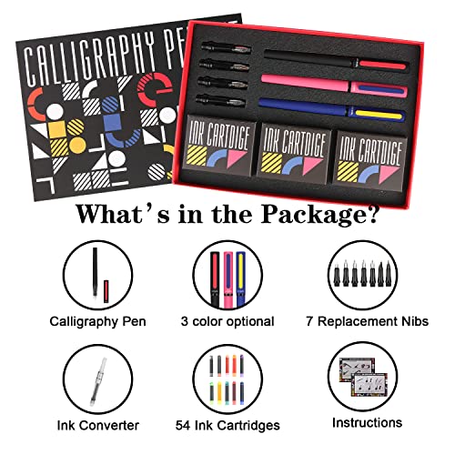 Calligraphy Pens Set 64pcs - Calligraphy Fountain Pen Set with 3 Fountain Pens, 7 Varied Nibs, 54 Ink Cartridges(10 Colors) - Writing, Drawing and Calligraphy Practice for beginner GC-F354