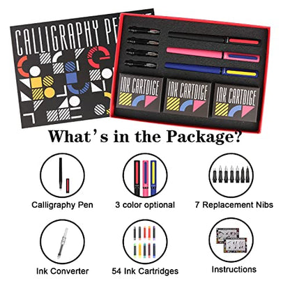 Calligraphy Pens Set 64pcs - Calligraphy Fountain Pen Set with 3 Fountain Pens, 7 Varied Nibs, 54 Ink Cartridges(10 Colors) - Writing, Drawing and Calligraphy Practice for beginner GC-F354