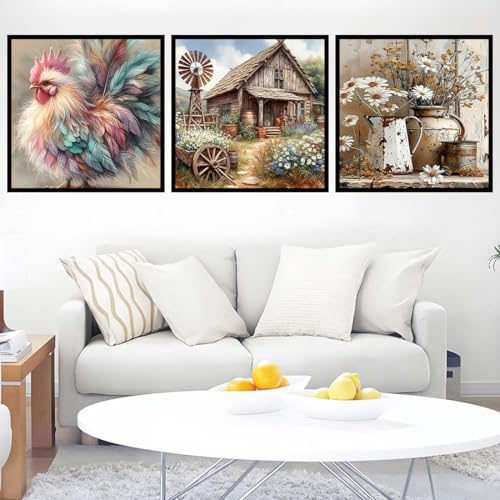 Ekuxom 3 Pack Diamond Art Kits for Adults-Rustic Farmhouse Diamond Painting | 5D DIY Round Full Drill Diamond Dot Gem Art Crystal Kits for Home Wall Decor 14x14inch - color: Farmhouse