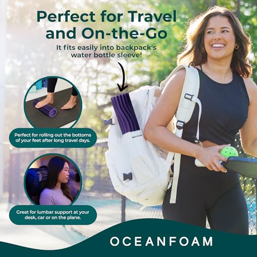 Oceanfoam Ripple Travel Foam Roller (11" x 3.35") Firm Mini Foam Roller for Physical Therapy, Deep Tissue Massage, Back Pain - High Density, Ergonomic Wave Textured - Yoga, Pilates, Exercise (Purple) - color: Purple