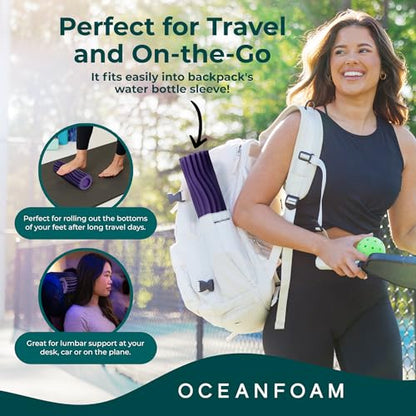 Oceanfoam Ripple Travel Foam Roller (11" x 3.35") Firm Mini Foam Roller for Physical Therapy, Deep Tissue Massage, Back Pain - High Density, Ergonomic Wave Textured - Yoga, Pilates, Exercise (Purple) - color: Purple