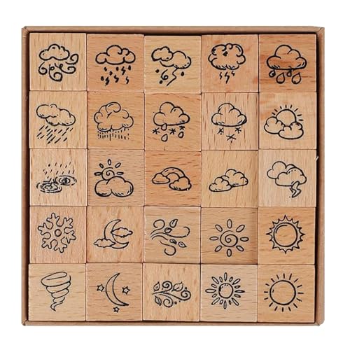 25 pcs Wooden Rubber Stamp Set, Various Weather Patterns Wood Stamps for Journal, Diary, Scrapbook, Planner, Letter, DIY Craft, Card Making - color: Weather